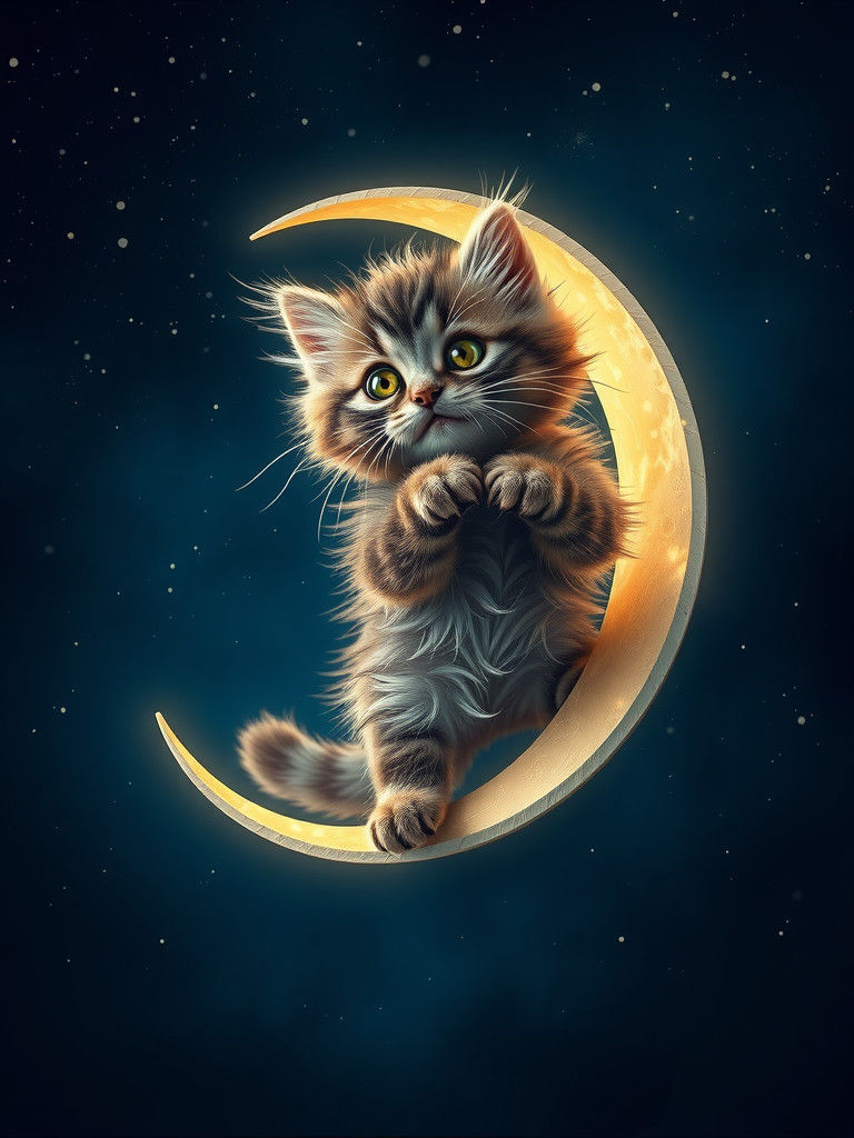Frightened Kitten on Crescent Moon in Cosmic Style