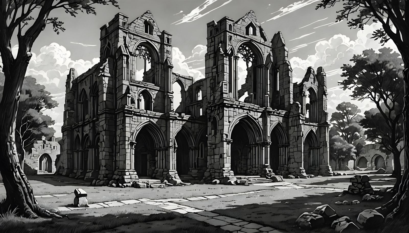 Stylized Pencil Drawing of Ancient Ruins in a Vibrant Sky