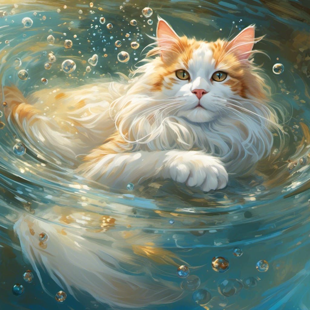 Cat Bathed in Sunlight Floating on Water