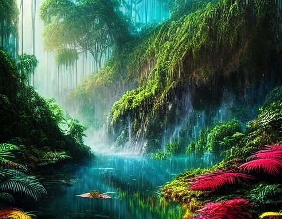 Explorer Descending into Tropical Sinkhole in Digital Art