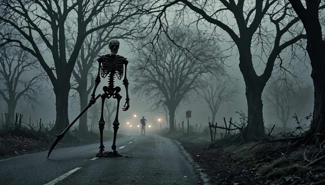 Eerie Gothic Landscape with Skeleton in Misty Moonlight