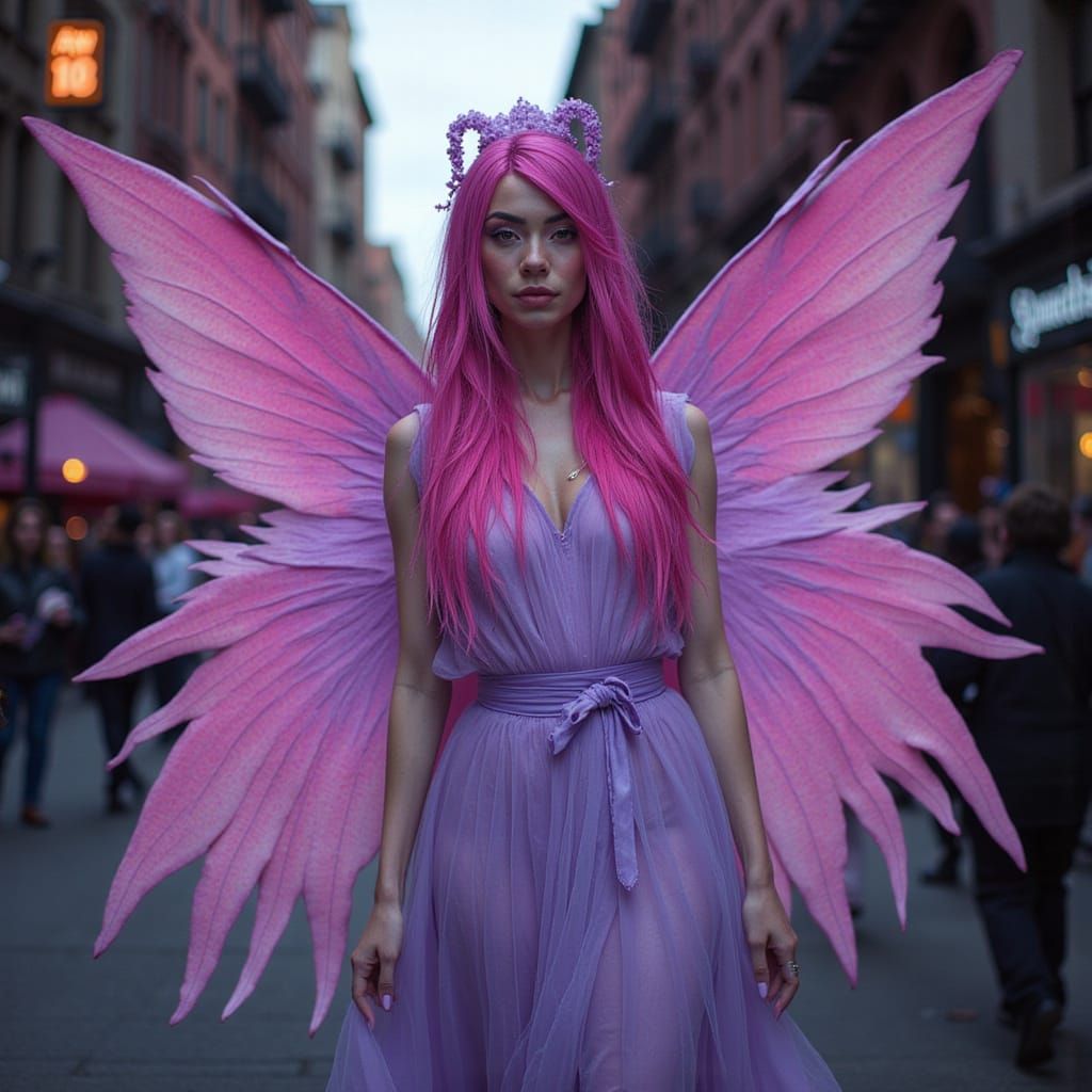 Pink Haired Woman with Gradient Wings in NYC