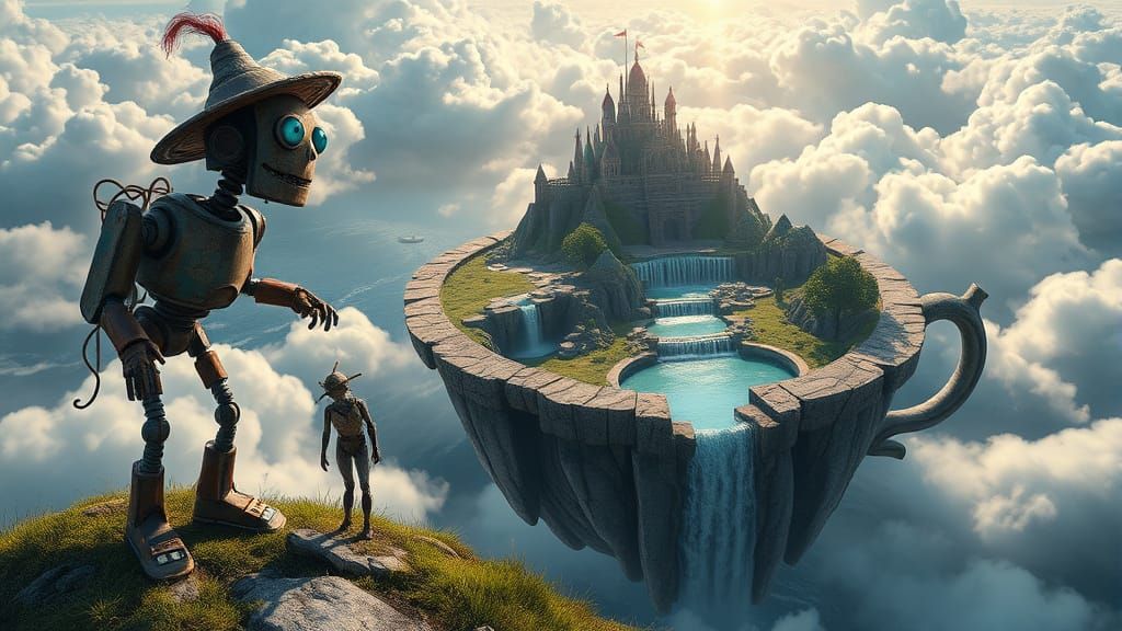 Whimsical Robot Overlooking Magical Floating Island Kingdom