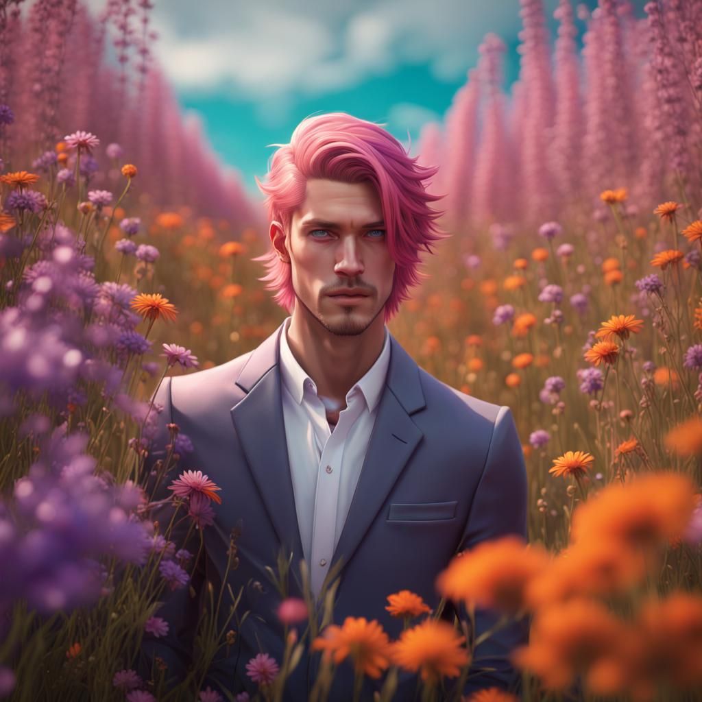 Pink Haired Man in Flower Field, Art Nouveau Style