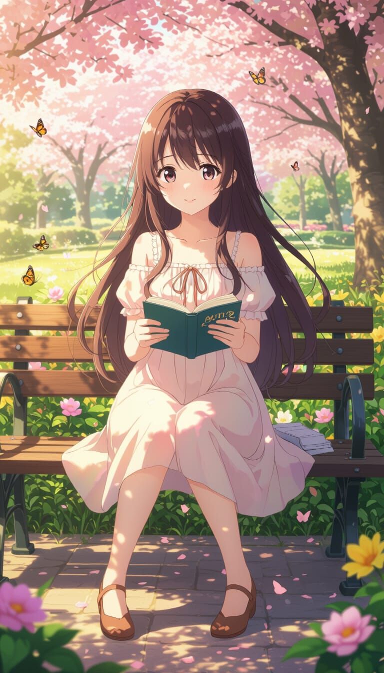 Anime Girl Reading in Garden, Ultra-Realistic Style