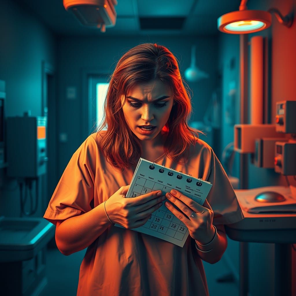 Panicked Woman in Hospital Gown, Dramatic Lighting
