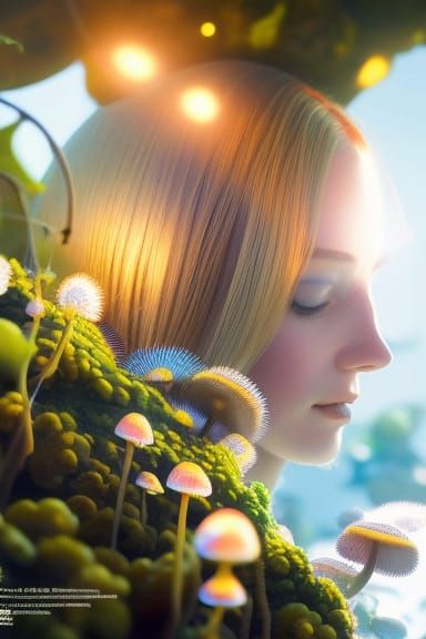 Bioluminescent Mushroom Girl Portrait in Detailed Matte Pain...