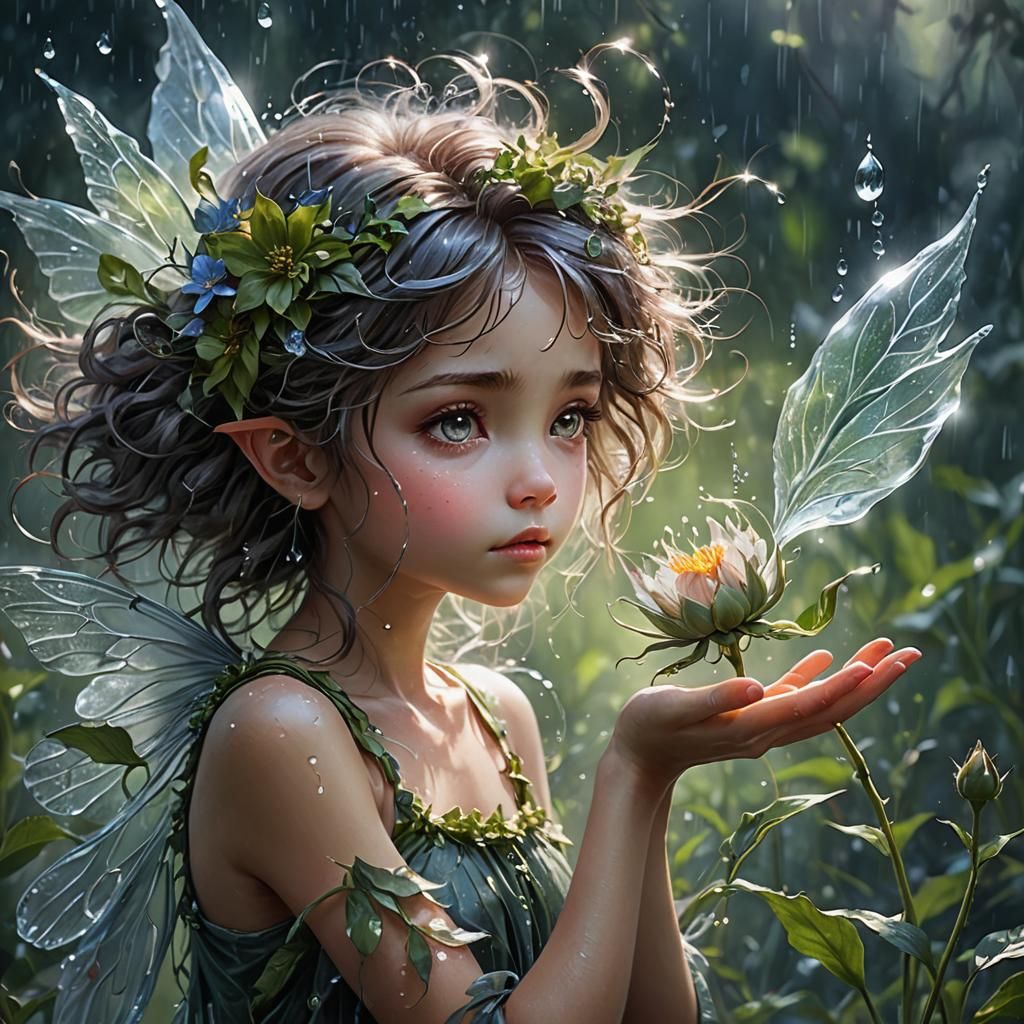 Fairy Holding Water Droplet Flower Bud