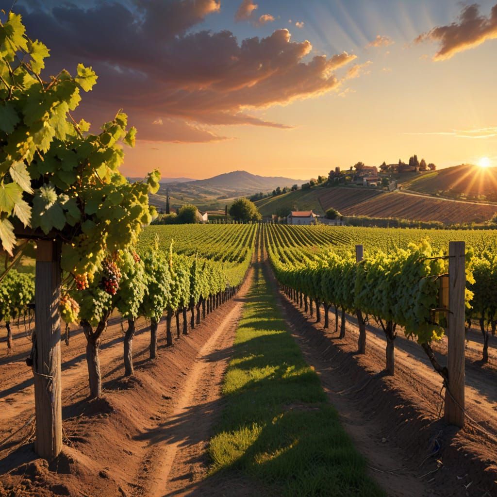Sunset Vineyard Scene in Hyperrealistic Detail