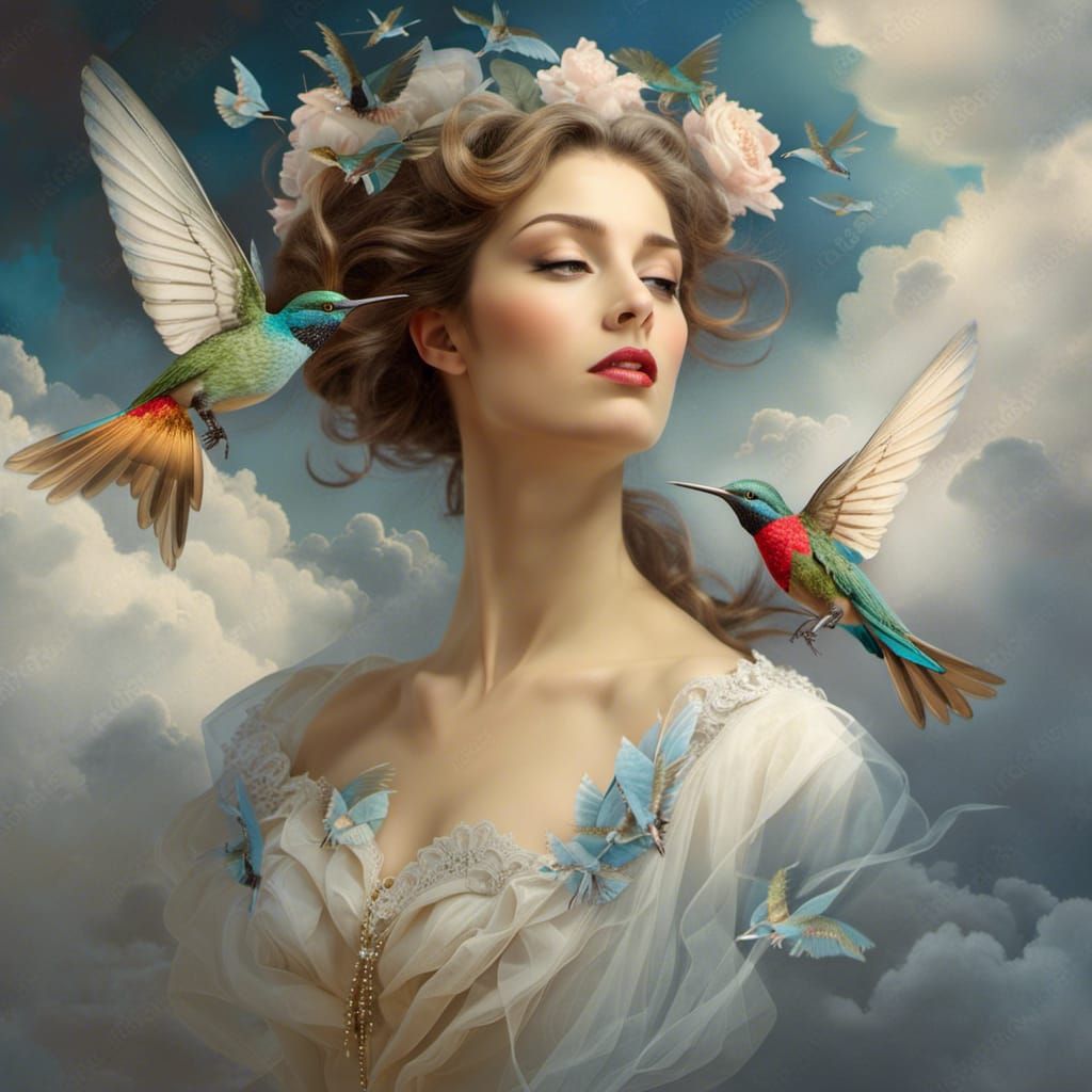 Fantasy Girl in Clouds with Hidden Hummingbirds