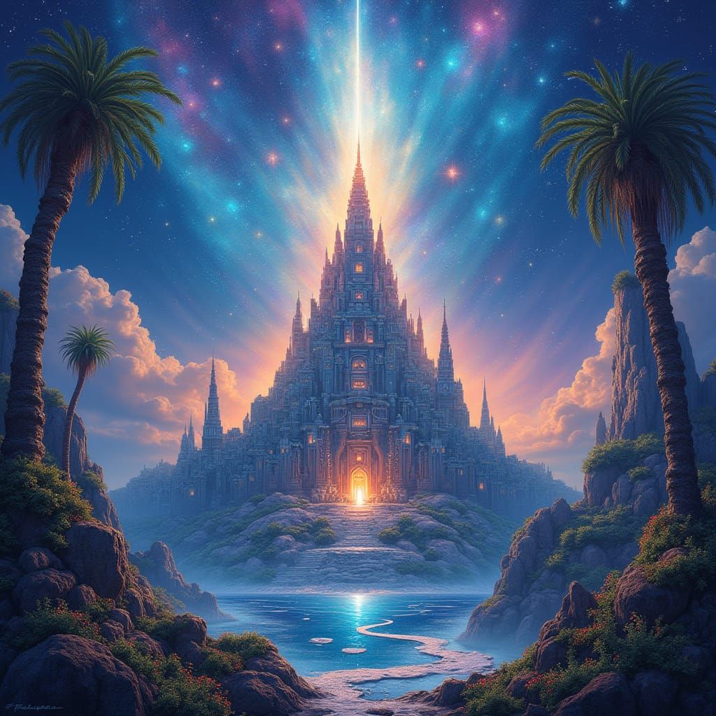 Celestial Island with Tower of Babel in Cosmic Aesthetic