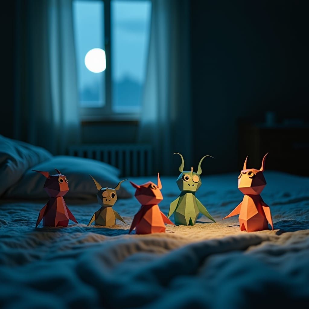 Intricate Origami Depression Monsters in Moonlit Bedroom