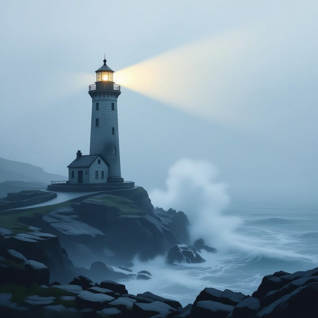 Ancient Lighthouse Beam Pierces Ethereal Fog Over Crashing W...