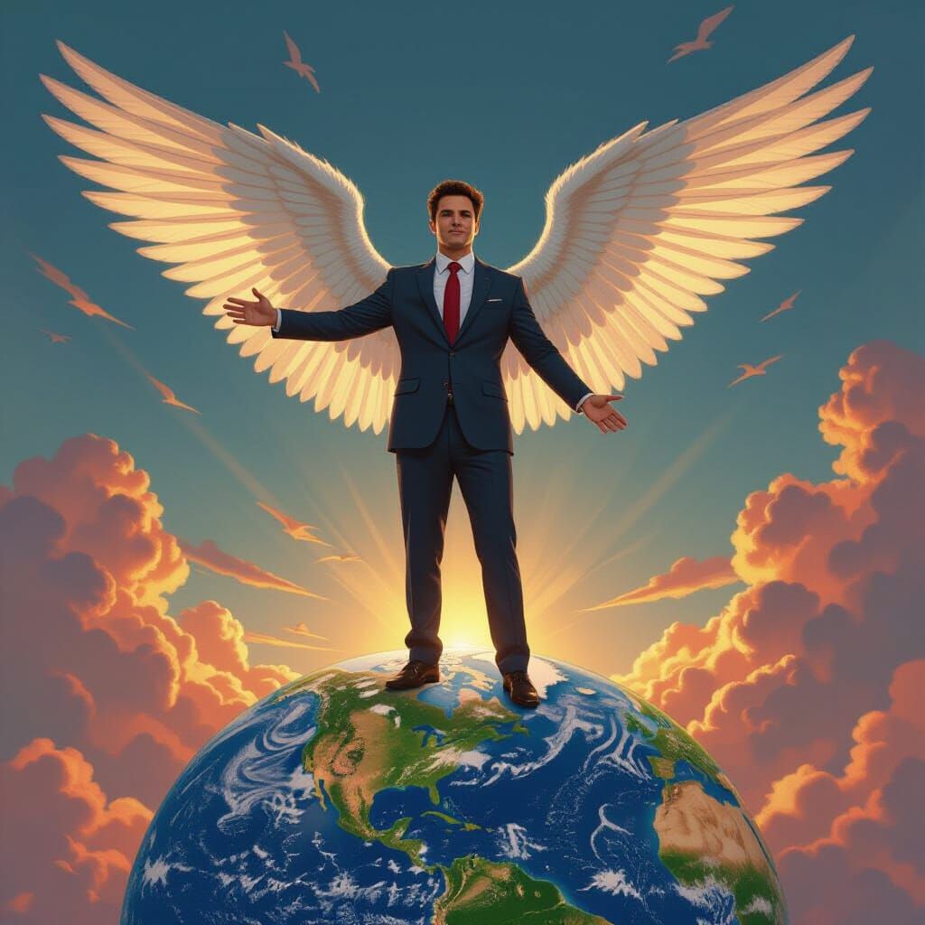 Angel-Winged Figure Over America, Reaching for US Map