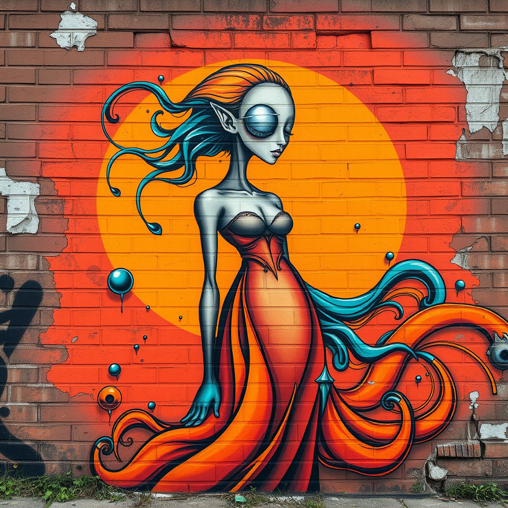 Surreal Graffiti Mural with Abstract Female Figure