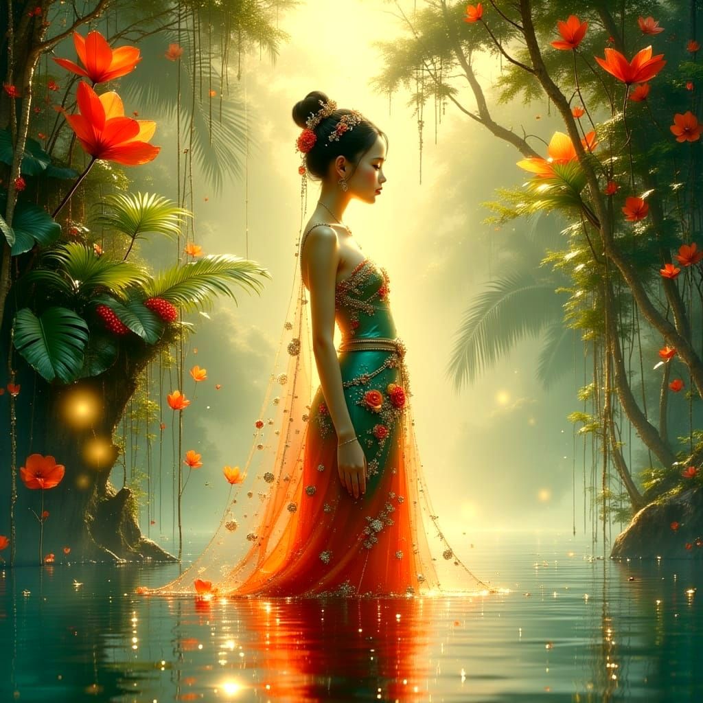 Surreal Tropical Goddess Amidst Crystal Hearts and Blooming ...