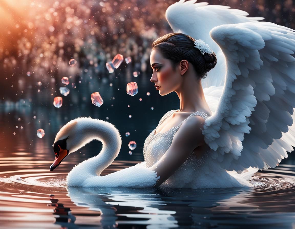 Black Swan Woman on Swan Lake in Spring