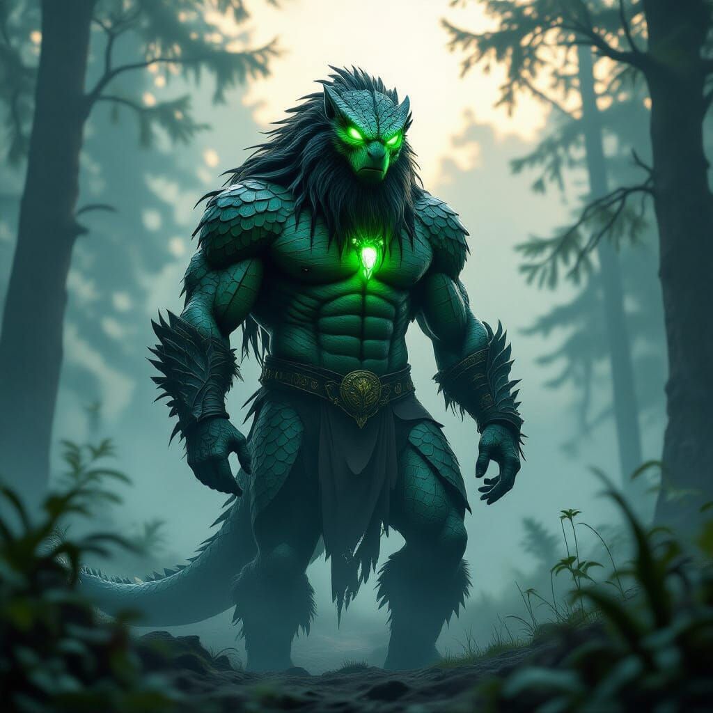 Mythical Serpent Bigfoot in Misty Forest