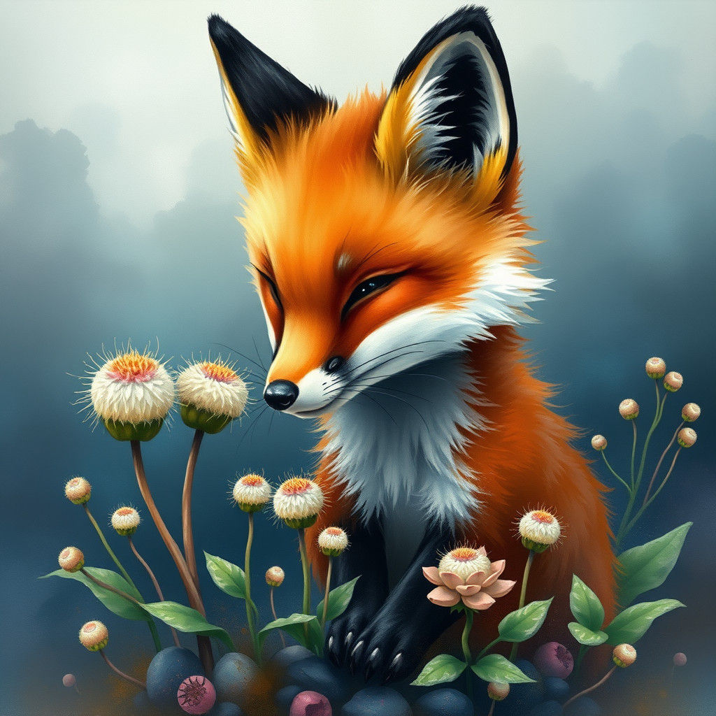 Watercolor Fox with Cute Puffball Plants