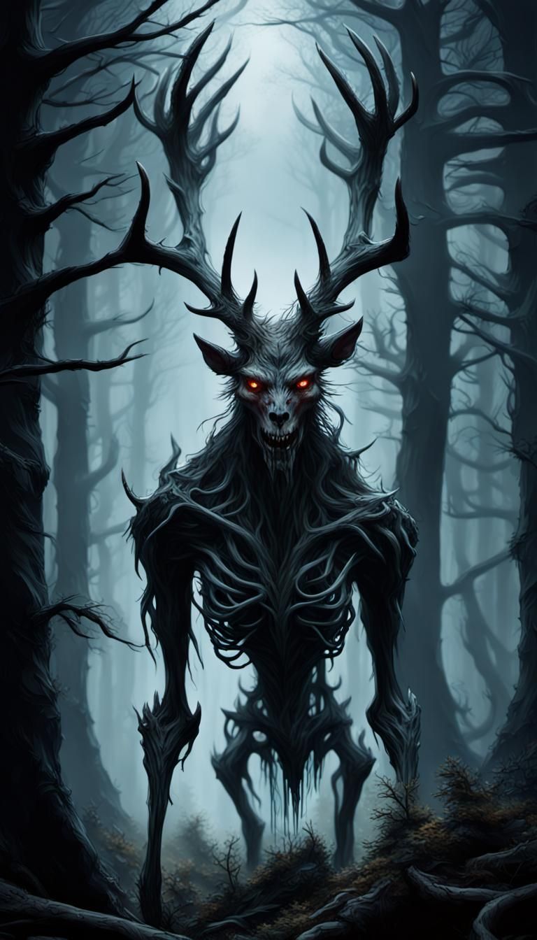 Surreal, Hyper-Realistic Wendigo in Dark Fantasy Landscape