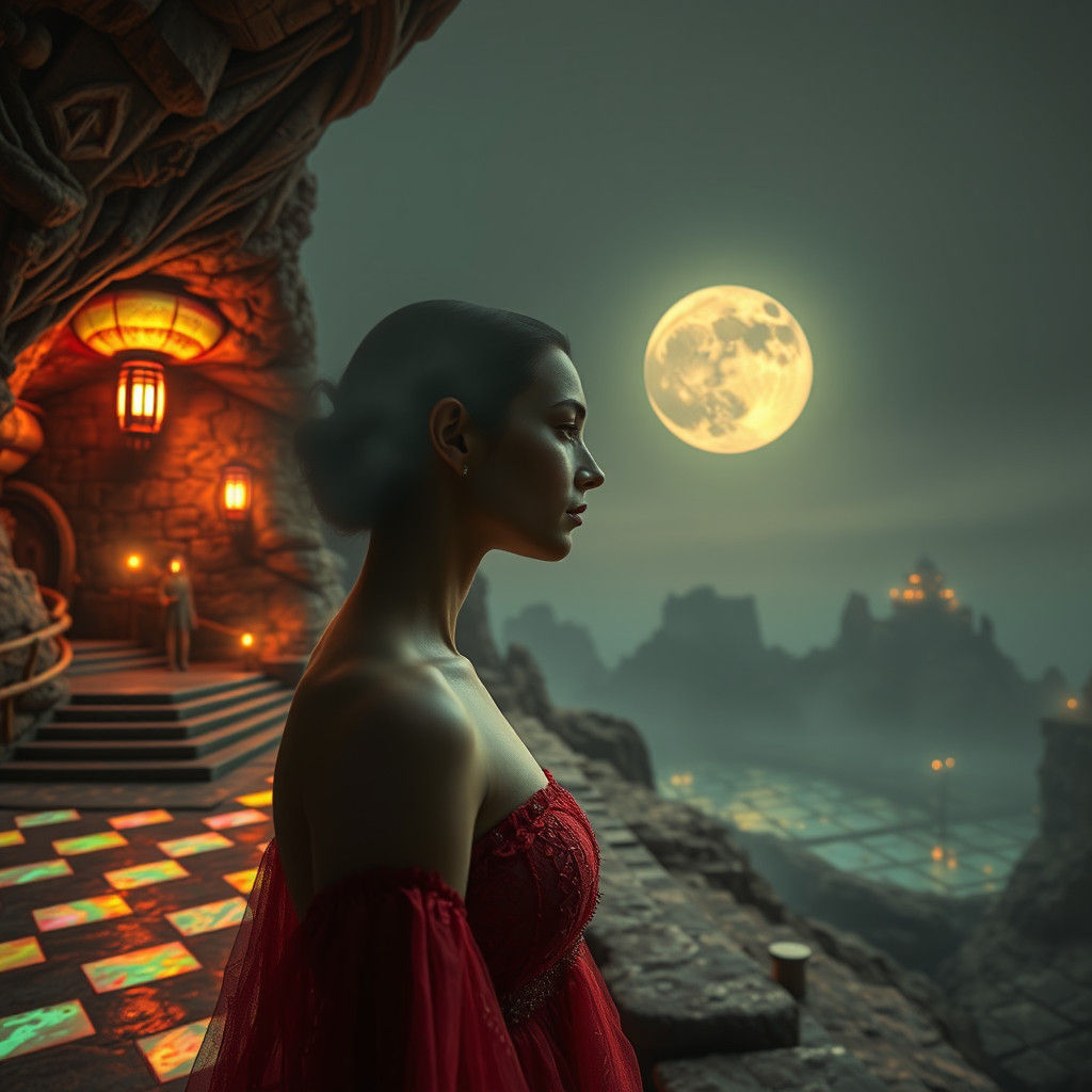 Mystical Woman in Surreal Cityscape, Digital Art