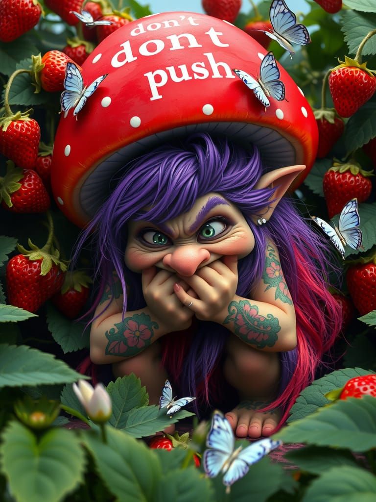 Hyper-Realistic Troll with Vibrant Purple Hair and Cake Tatt...