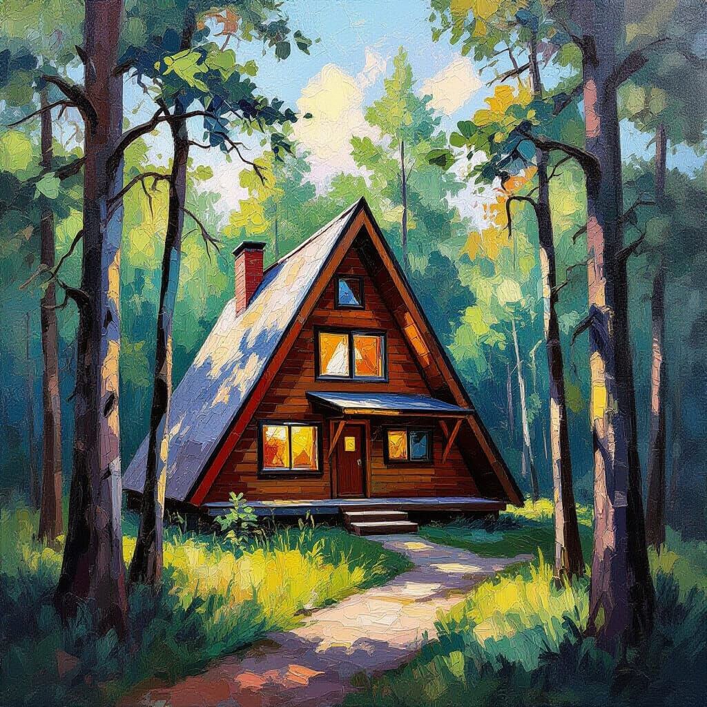 A-Frame Cabin in Summer Woods: Expressionist Oil Painting