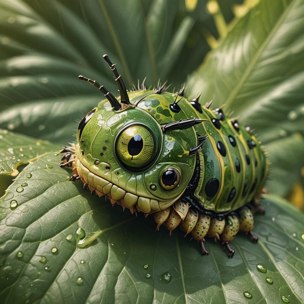 Green Caterpillar Macro Photograph with Jewel Tones