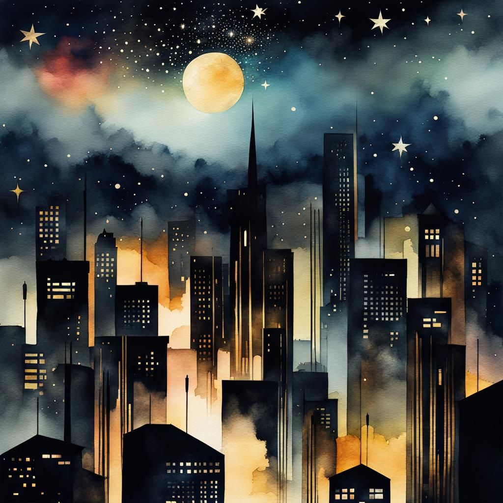 Abstract Watercolor Cityscape Under Starry Night Sky