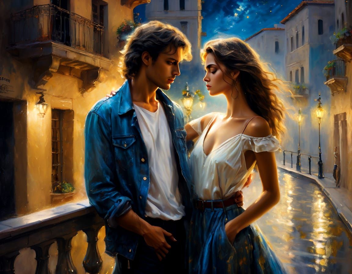 Romantic Streetlight Encounter in Mediterranean Style