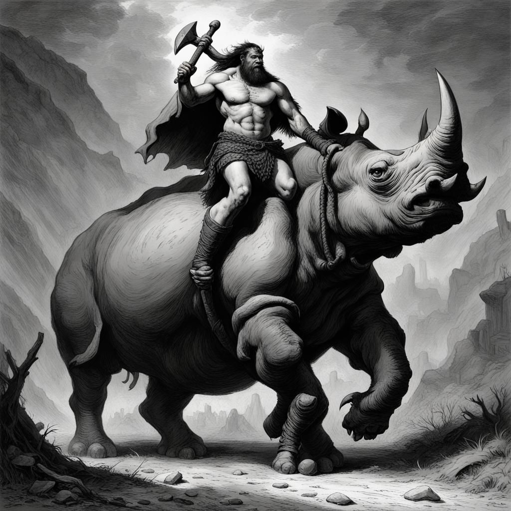 Barbarian Hero on Rhinoceros in Dark Fantasy Style