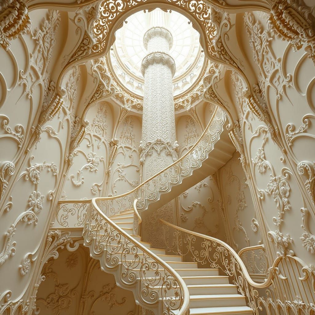 Ethereal Opulent Stairway to a Dreamlike Ivory Tower