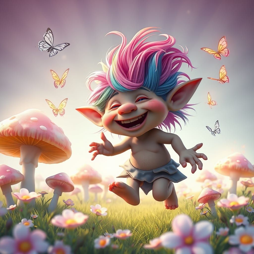 Rainbow Troll's Whimsical Mushroom Adventure: 3D Digital Art
