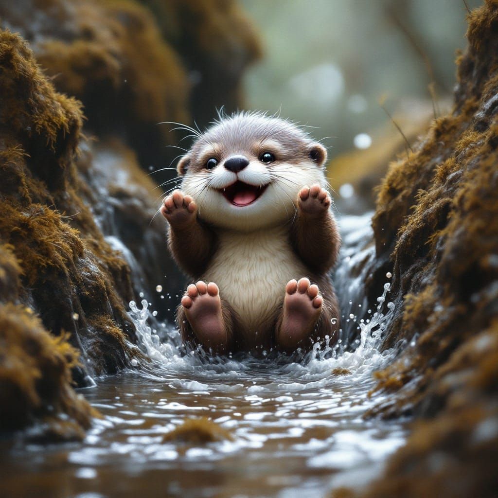 Whimsical Chibi Otter in a Dreamy, Mystical Landscape
