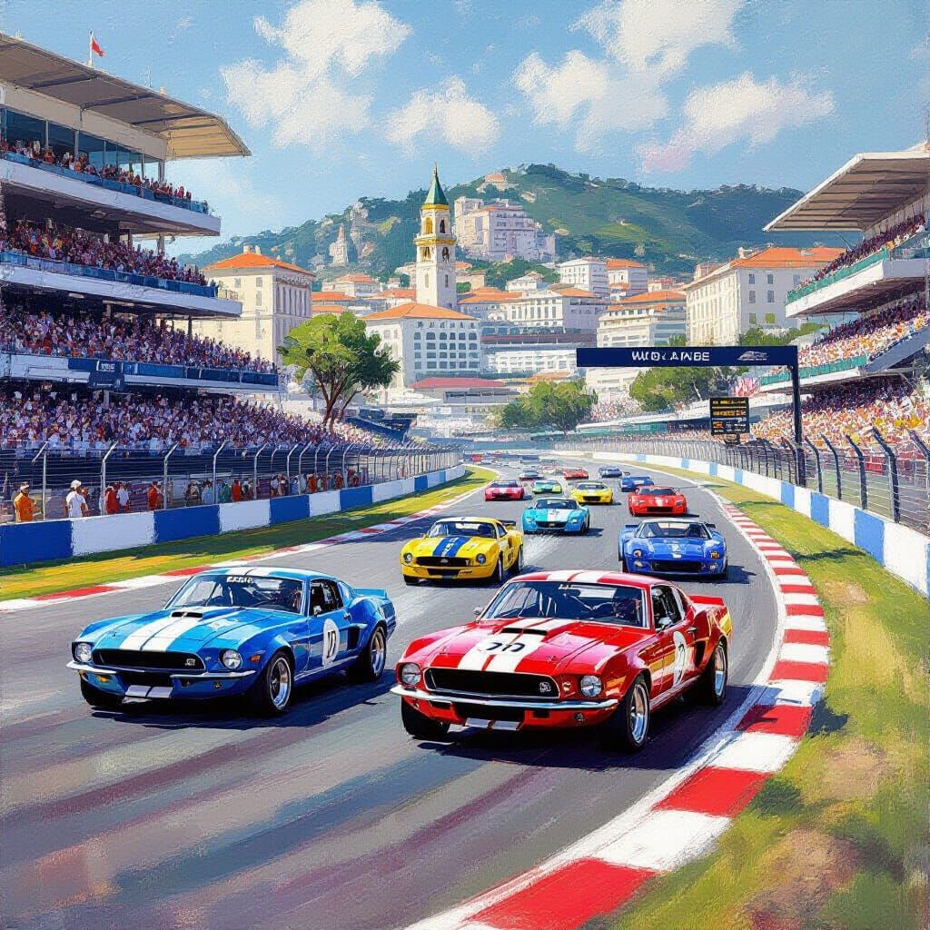 Vintage Muscle Cars Race in Monaco Impressionist Style