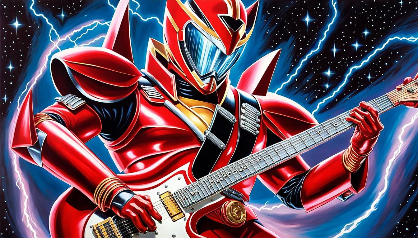 Megazord Shreds Guitar in Retro Cyberpunk Style