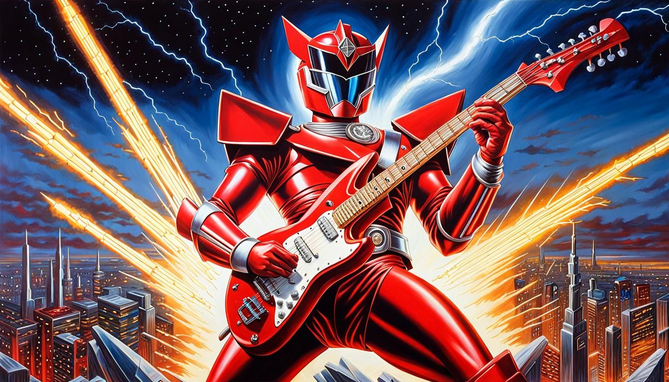Megazord Shreds Guitar in Retro Cyberpunk Style