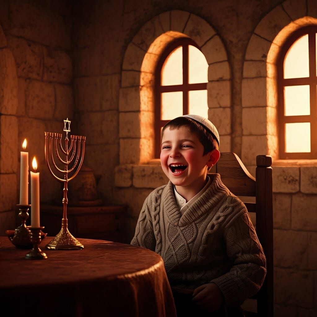Traditional Jerusalem Boy's Joyful Moment in Whimsical Light...