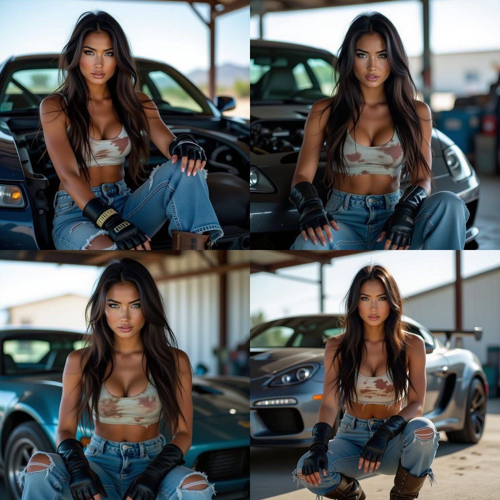 Native American & Japanese Woman Works on Sports Car