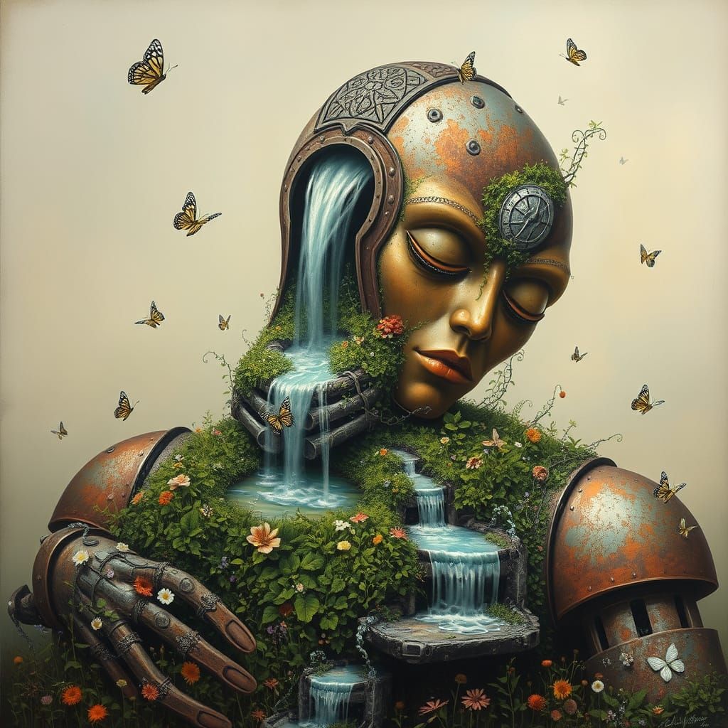 Surreal Robot Waterfall Garden: Dreamlike Oil Painting