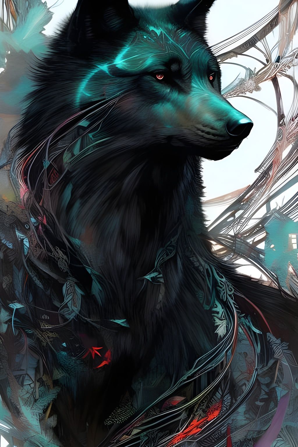 Fierce Black Wolf Portrait in Digital Painting Style