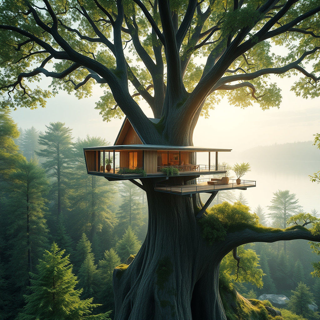 Futuristic Treehouse in Lush Forest, Organic Minimalism