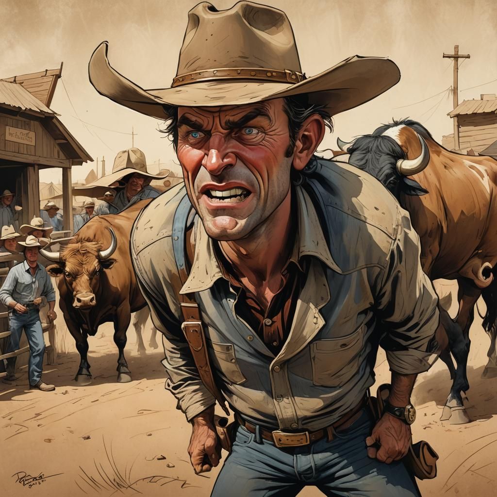 Funny Cowboy Cartoon with Lazy Bull