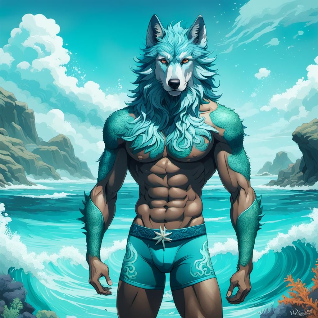 Blue Wolf Humanoid in Ethereal Ocean Scene