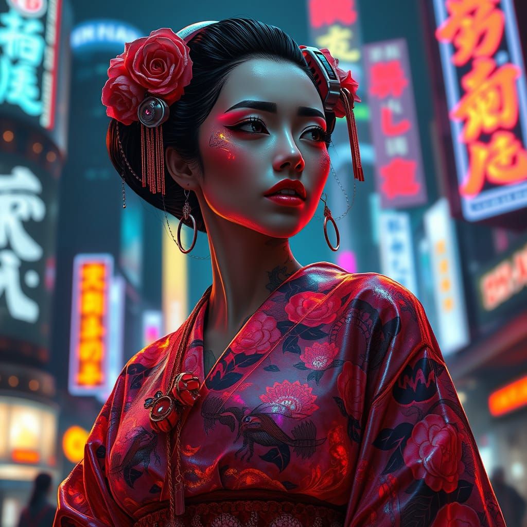 Cyberpunk Geisha in Neon Holographic Kimono