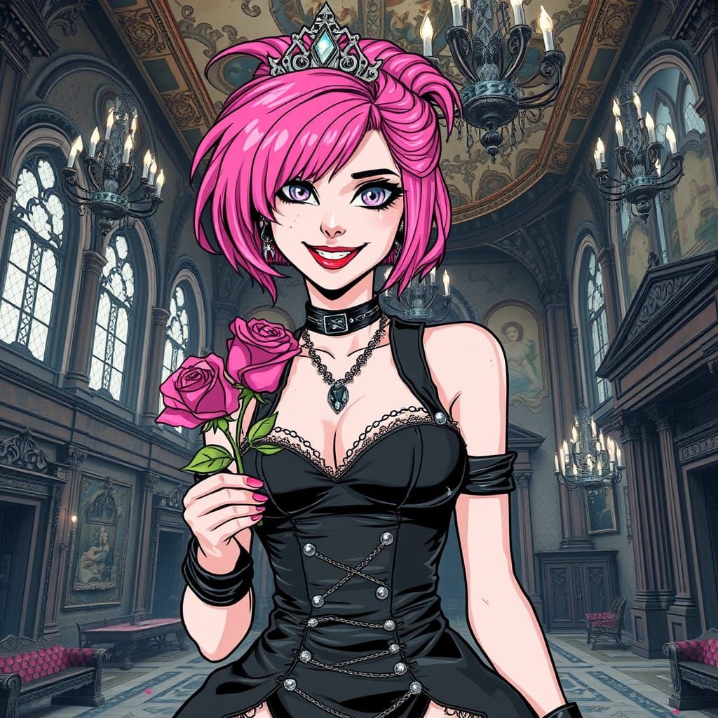 Gothic Punk Princess Holds a Delicate Rose in a Faded Ballro...