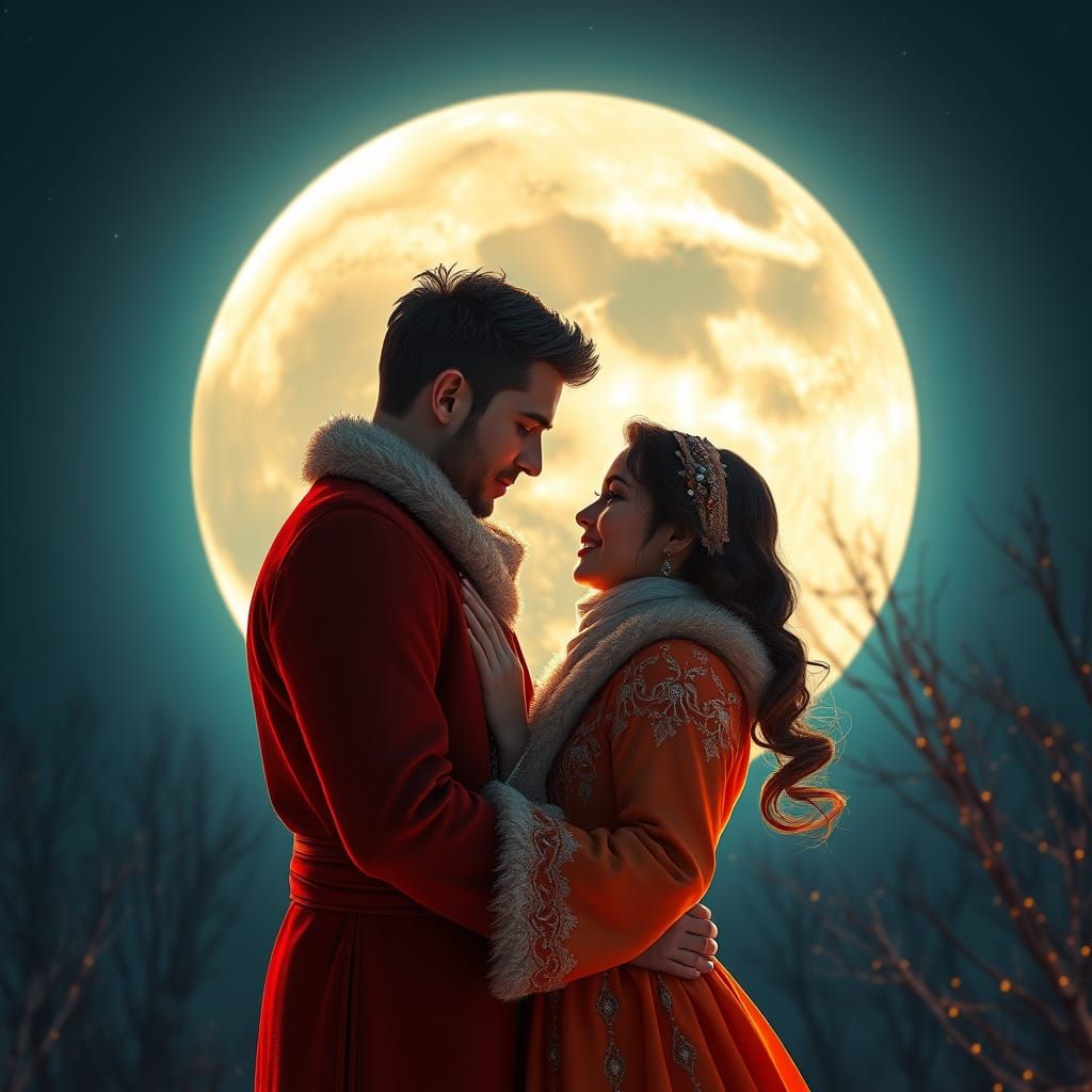Couple Embrace Under Moon with Volumetric Lighting