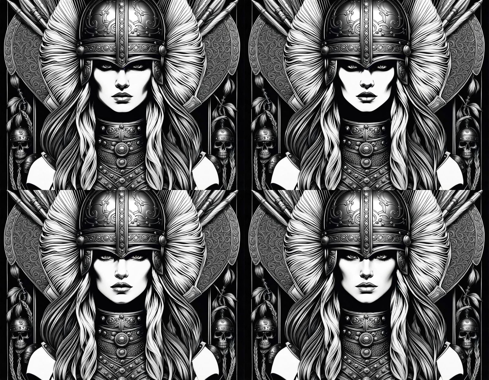 Valkyrie Portrait with Skull Face in Black and White