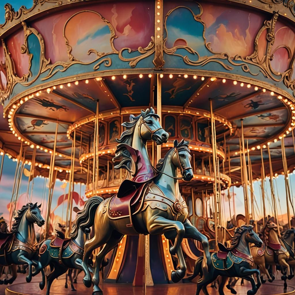 Mystical Carousel in Dreamlike Surrealism, Close-up