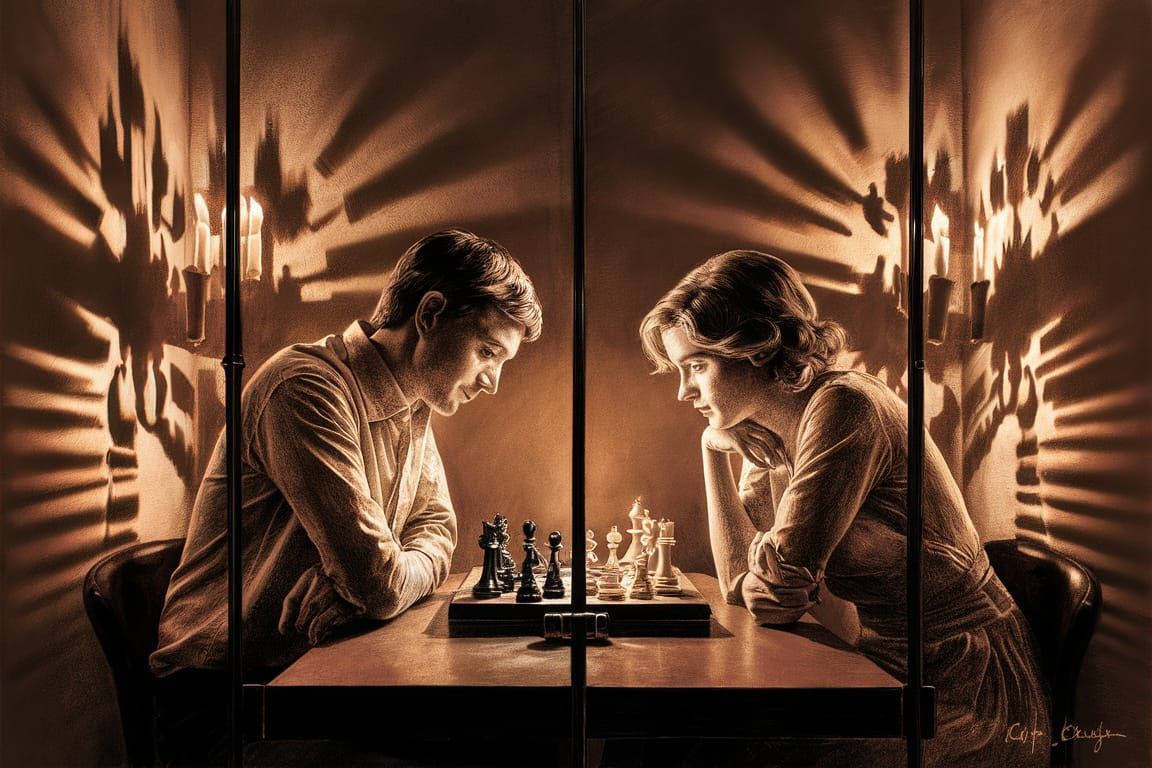 Chess by Candlelight: Dramatic Pencil Sketch